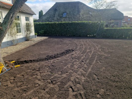 Voortuin Giethoorn met sedummat en boomschorsmulch – overzicht.