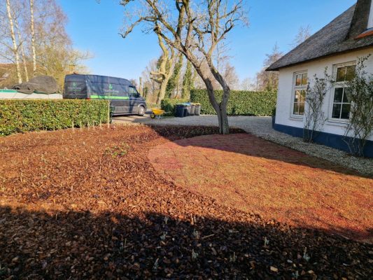 Voortuin Giethoorn met sedummat en boomschorsmulch – overzicht.