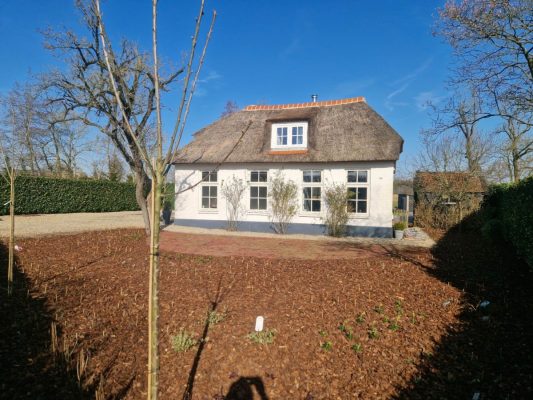 Voortuin Giethoorn met sedummat en boomschorsmulch – overzicht.